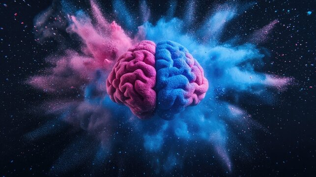 Colorful powder particles bursting into the shape of a brain, with blue and pink colors creating a vibrant pattern on a dark background.