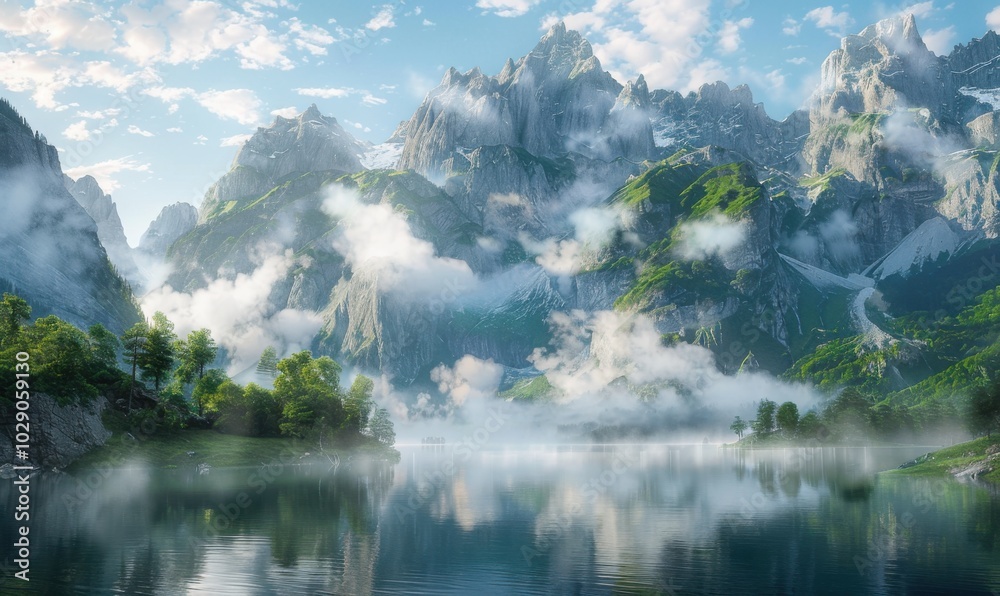 Sticker Misty lake surrounded by towering mountains, 4K hyperrealistic photo