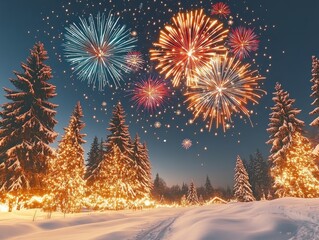 Spectacular Winter Wonderland with Illuminating Fireworks Over Snow-Capped Trees in a Magical Night Sky Landscape