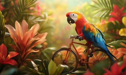 Fototapeta premium A parrot rides a bike through lush foliage.