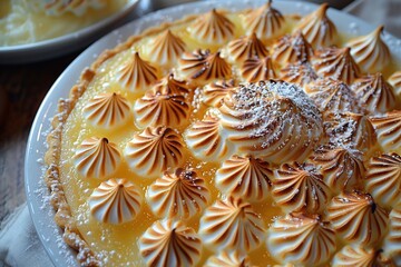 Close-up of a lemon meringue pie with a golden brown crust and fluffy meringue topping.