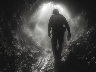Fototapeta premium Adventurous caver exploring dark cave with misty light