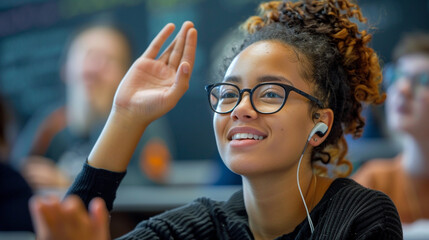 A student with a hearing aid participating in a lively classroom discussion, raising their hand and smiling, with room for copy on the blackboard.