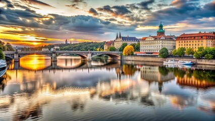 Fototapeta premium Modern Prague Bridge at Sunset Over Vltava River - Stunning Landscape Photography