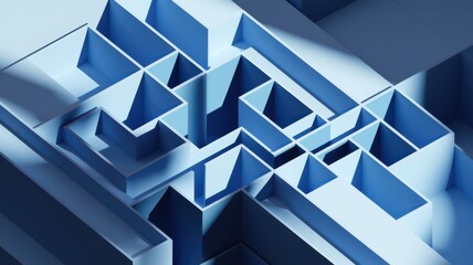 Abstract blue maze design with varied geometric shapes and depths.