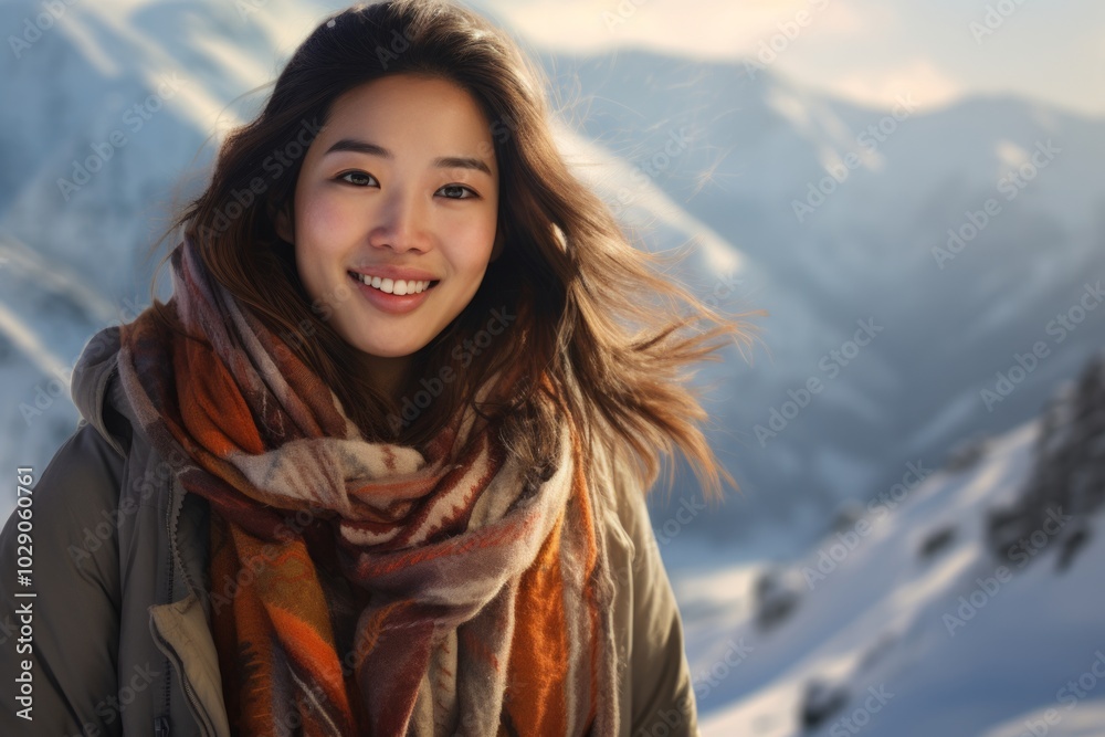 Canvas Prints Portrait of a glad asian woman in her 30s wearing a versatile buff over pristine snowy mountain