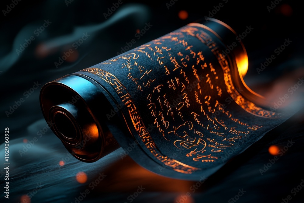Poster 3D-rendered ancient scroll of Eastern poetry, with realistic textures of the parchment and ink, floating in a virtual space, illuminated by soft, glowing light
