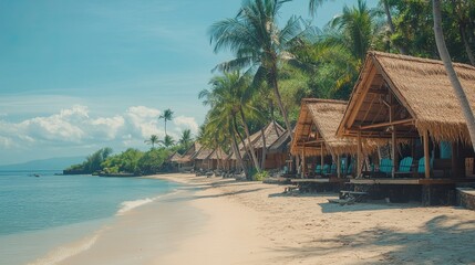 A row of traditional thatched-roof bungalows on a pristine white sand beach with crystal clear turquoise waters and palm trees swaying in the gentle breeze.