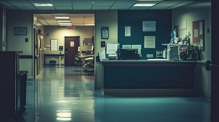 A hospital hallway with a reception desk and a view of a hallway with several hospital beds.