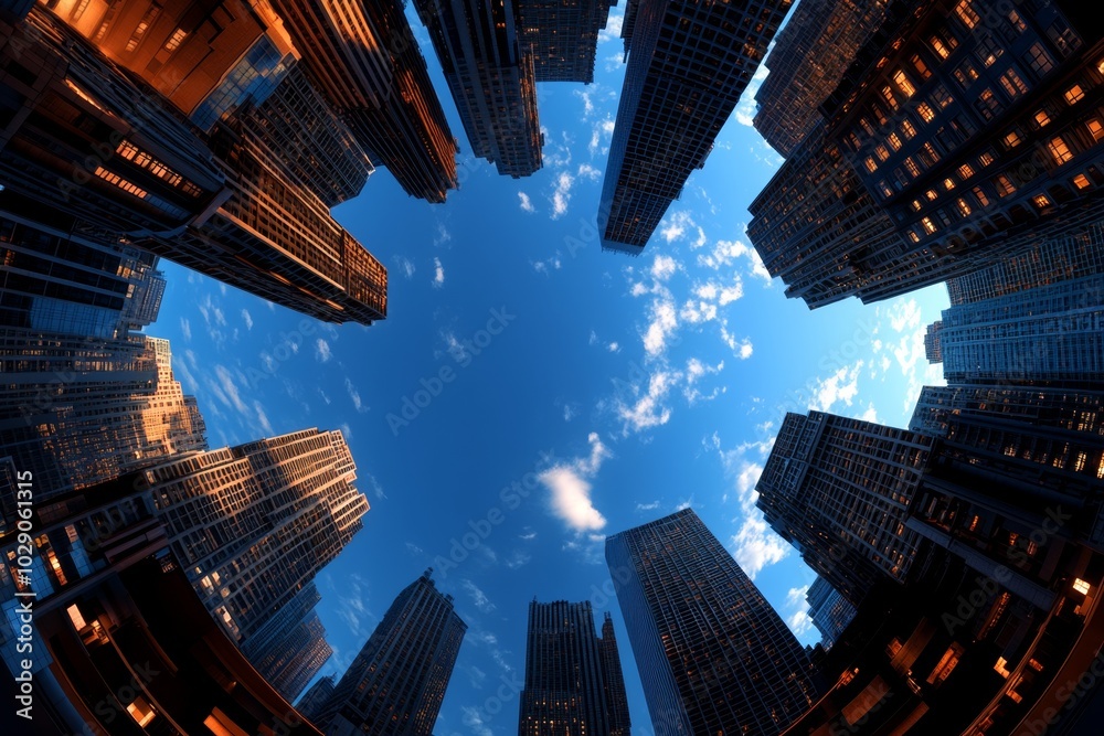 Poster 3d-rendered panoramic landscape of a digital city, with realistic lighting, tall skyscrapers, and dy