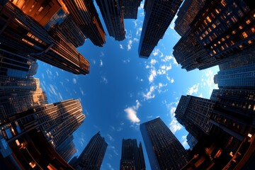 3D-rendered panoramic landscape of a digital city, with realistic lighting, tall skyscrapers, and dynamic camera angles showing the depth and scale of the environment