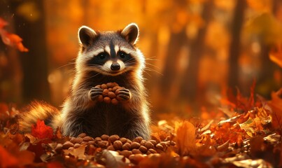 Raccoon holds nuts in autumn leaves.