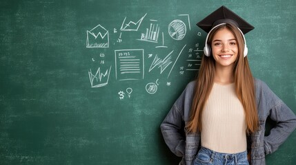 A young woman wearing a headset smiles confidently while sitting at her desk in a contemporary office, with graphs illustrating impressive sales and customer service growth behind her