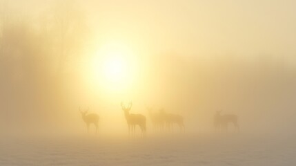 Tranquil Snowy Landscape at Dawn with Wildlife Silhouettes and Cinematic Light