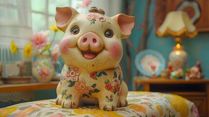 Yellow piggy bank on matching background.