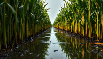 Low angle view between corn rows after an intense rainstorm with standing puddles of water isolated with white highlights, png