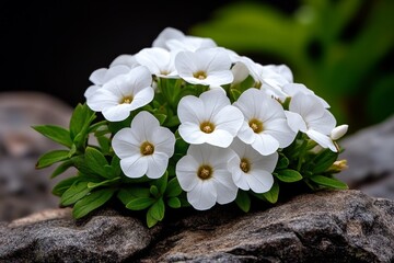A cluster of white Hornungia Alpina flowers blooming in the cracks of a mountain rock, their small delicate petals standing out against the rugged alpine terrain