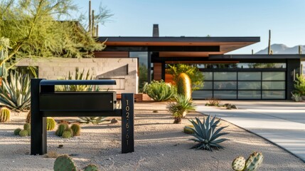 Modern House with Black Mailbox and Address Plaque in Desert Landscape