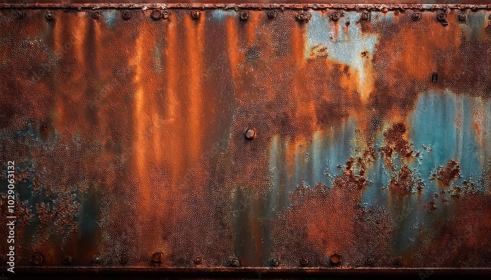 Poster abstract rusty metal surface with corrosion patterns. aged oxidized steel with rich textures and nat