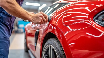 Skilled mechanic polishing red sports car, showcasing expertise in vehicle repair, focused on restoring flawless finish, attention to detail in auto body care