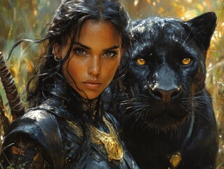 Fierce warrior woman with black panther in majestic forest setting