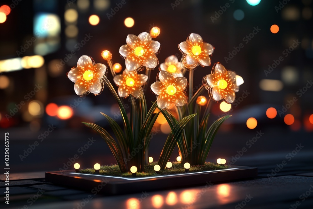 Aufkleber A digital display of a Narcissus plant in a virtual garden, where users can interact with the flowers and change their colors and bloom times in a holographic environment