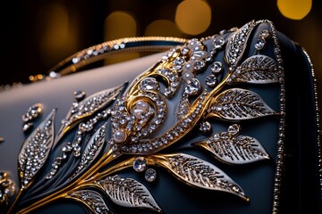 Fototapeta premium A detailed shot of a luxury clutch bag, with beaded embellishments, sparkling jewels, and metallic accents, perfect for an elegant evening out