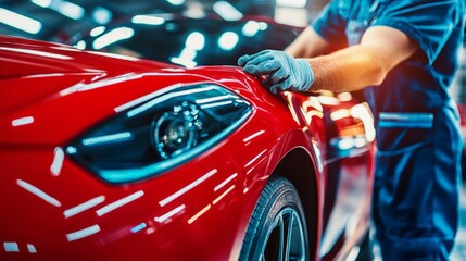 Auto Body Mechanic Buffing Scratch on Red Sports Car, a skilled technician meticulously restoring a glossy finish, showcasing expertise in vehicle repair and attention to detail.