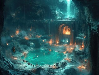 Fototapeta premium Mystical underground kingdom with waterfalls and glowing torches in a cavern