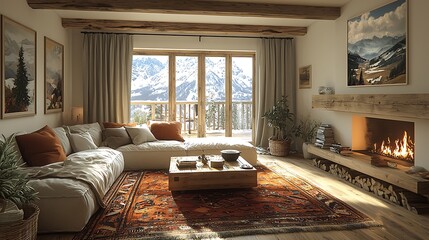 Cozy living room with fireplace, large windows, and mountain views.