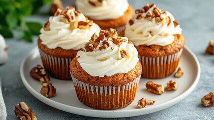 Freshly baked vegan carrot muffins with crunchy nuts and rich cream, beautifully displayed on a white plate, inviting a healthy indulgence.