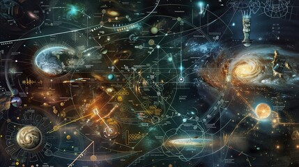 Future Universe Concept Map - a visionary and imaginative visual. The concept map depicts a futuristic universe, illustrating innovative ideas and celestial elements in a captivating manner.