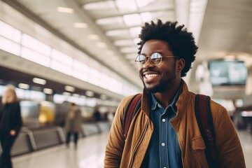 Fototapeta premium Portrait of a glad afro-american man in his 30s donning a trendy cropped top over bustling airport terminal