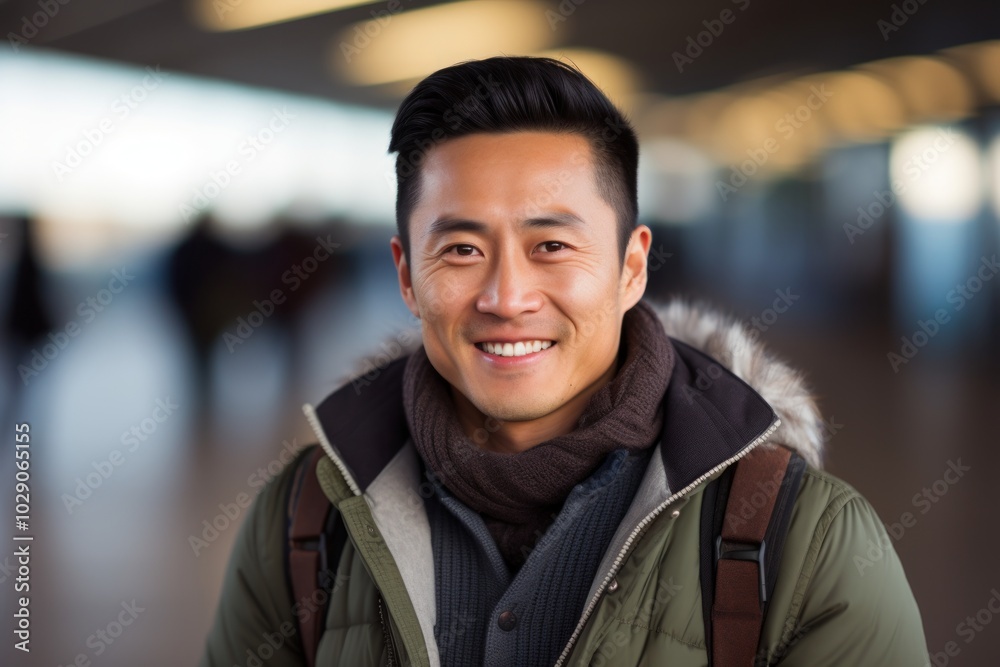 Canvas Prints Portrait of a cheerful asian man in his 30s dressed in a warm wool sweater isolated on bustling airport terminal background