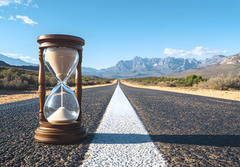 Hourglass on a road leading to mountains