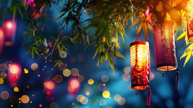Colorful lanterns hanging among bamboo during the Tanabata festival showcasing serene evening festivities without people