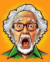 A cartoonish drawing of an old man with a wide open mouth and glasses. The man's eyes are wide open and his mouth is wide open, giving the impression that he is surprised or shocked