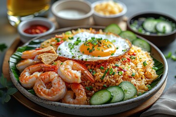 A plate of fried rice with shrimp, a fried egg, cucumber slices, and dipping sauces.