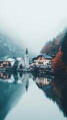 Fototapeta premium A quaint village nestled amidst misty mountains, reflecting in the calm waters of a lake.