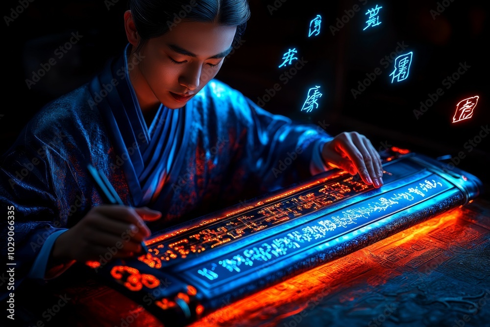 Poster a futuristic scholar composing poetry on a glowing digital scroll, with holographic characters float