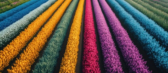 Aerial view of colorful flower fields arranged in lines.