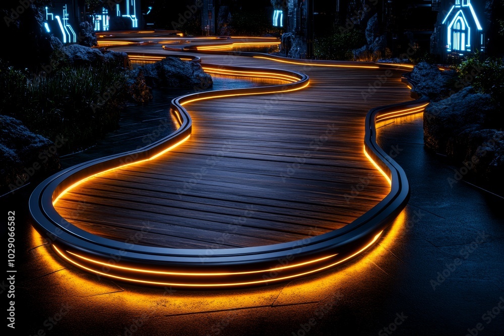 Poster a futuristic wooden bridge in a high-tech city, where the old wood has been reinforced with sleek, g