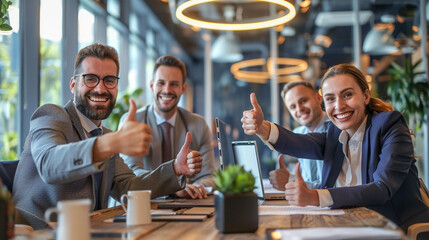 Two corporate leaders giving a thumbs-up after closing a deal, surrounded by their teams.