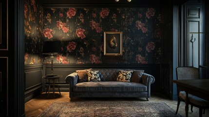 Fototapeta premium Grey lounge with a patterned cushion in a dark living room interior with floral wallpaper, giving a cozy and elegant vibe