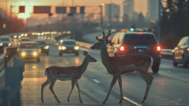 Urban cityscape with a deer crossing a busy highway, cars swerving to avoid it.