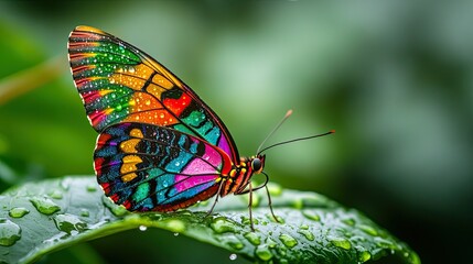 Obraz premium A vibrant butterfly with iridescent wings rests on a green leaf covered in raindrops.