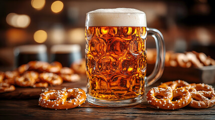 Mug of beer with pretzels on wooden table in pub