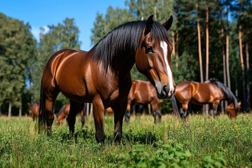 A group of wild horses grazing in a sun-dappled meadow, surrounded by the towering trees of a European forest, capturing the harmony of nature in this magical landscape