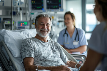 senior man patient recovering in hospital from surgery and being visited by family 