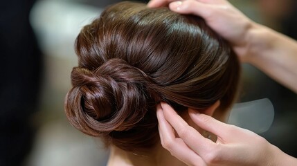 Obraz premium Hands of a stylist working on an elegant updo, capturing the artistry and technique of hairstyling